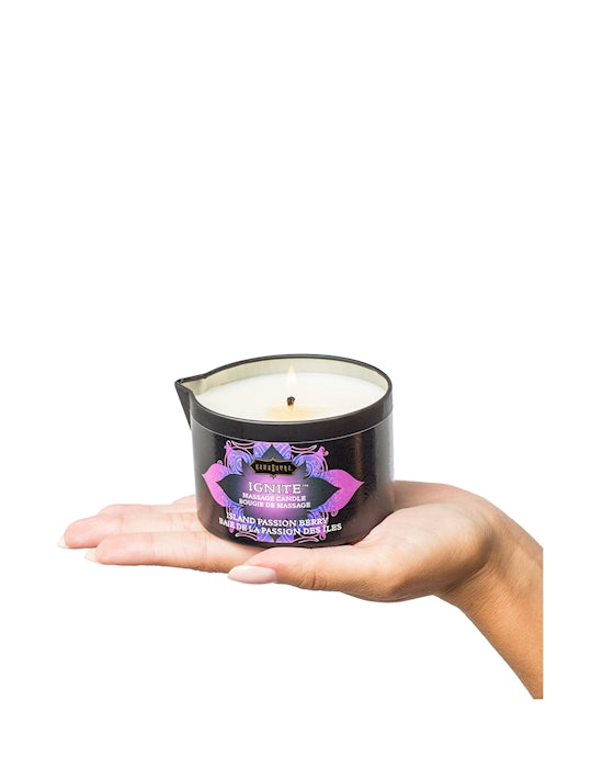 Kama Sutra Island Passionfruit Ignite Massage Candle product image with hand