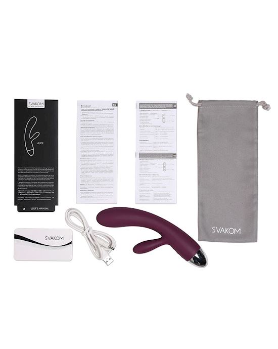 SVAKOM Alice Rabbit Vibrator product image and packaging plus charger