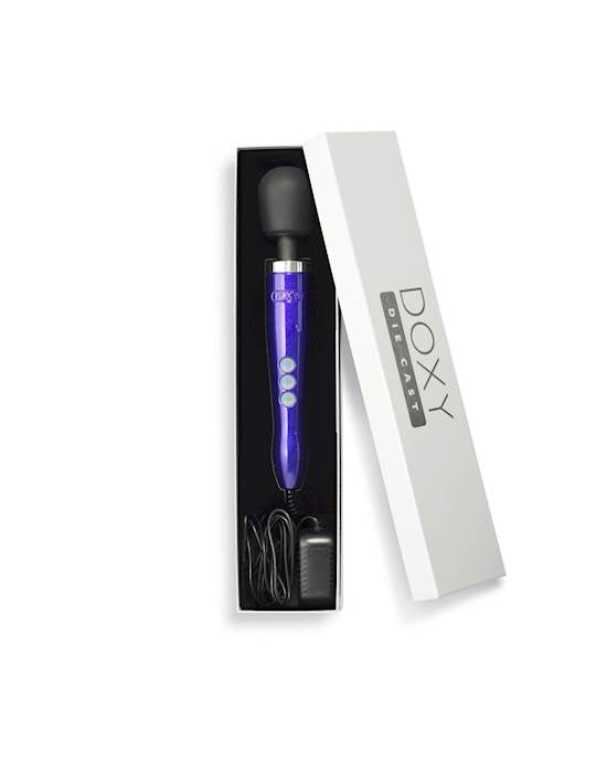 Doxy Die Cast Massager product image with packaging purple